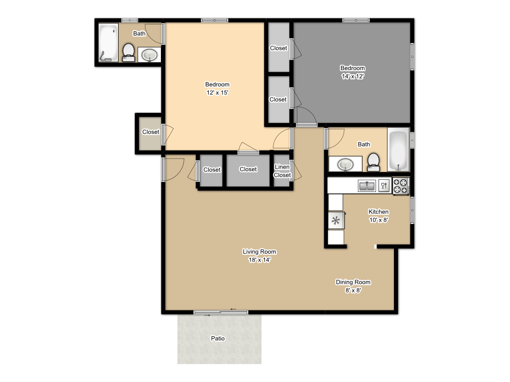 Floor plan for 2 beds, 2 baths, 1200 sqft